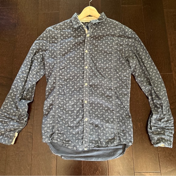 Zara Blue Printed Button Up Long Sleeve Slim Fit Dress Shirt Size M - Picture 1 of 4